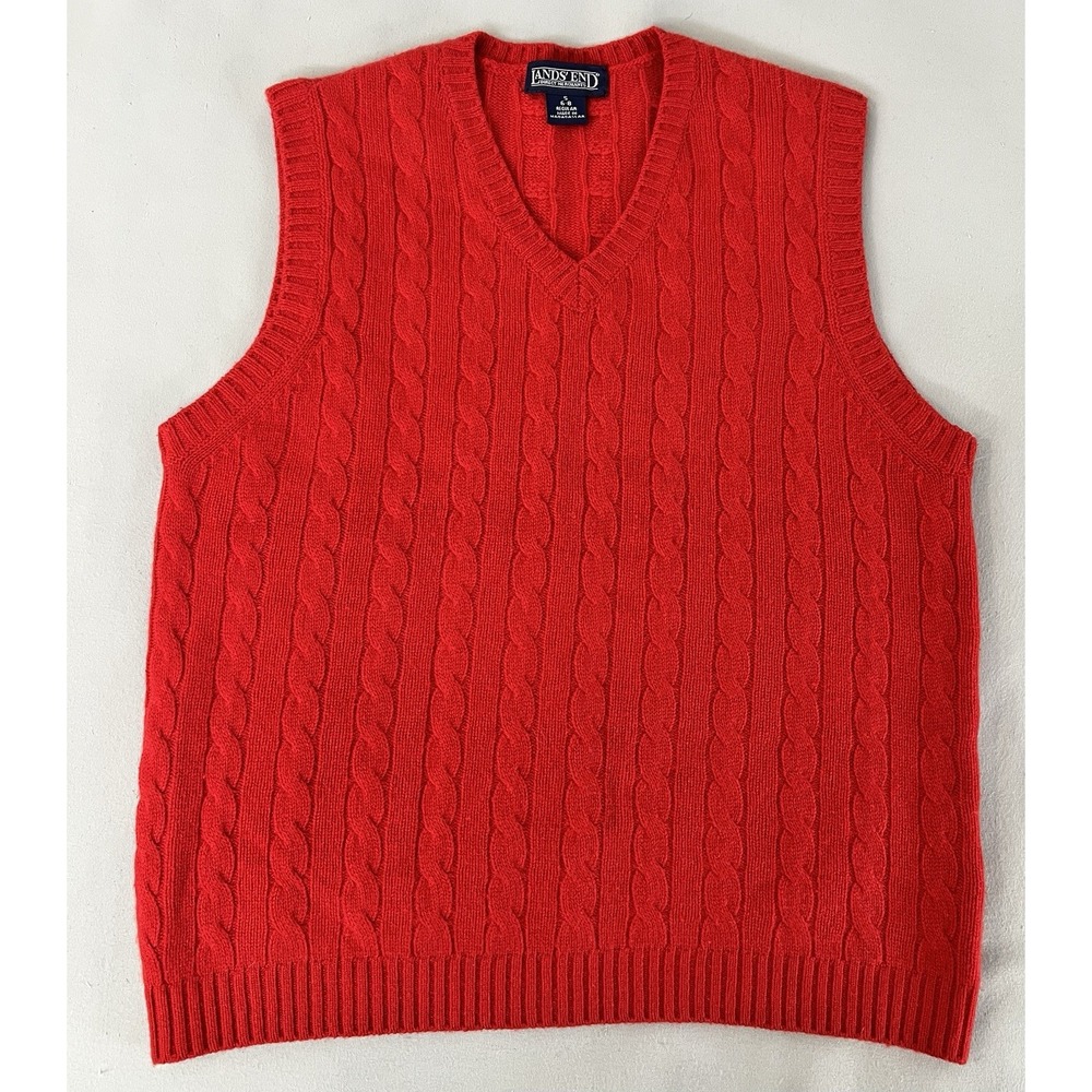 Lands End‎ Red 100% Cashmere Cable V- Neck Sz Small (6-8)
